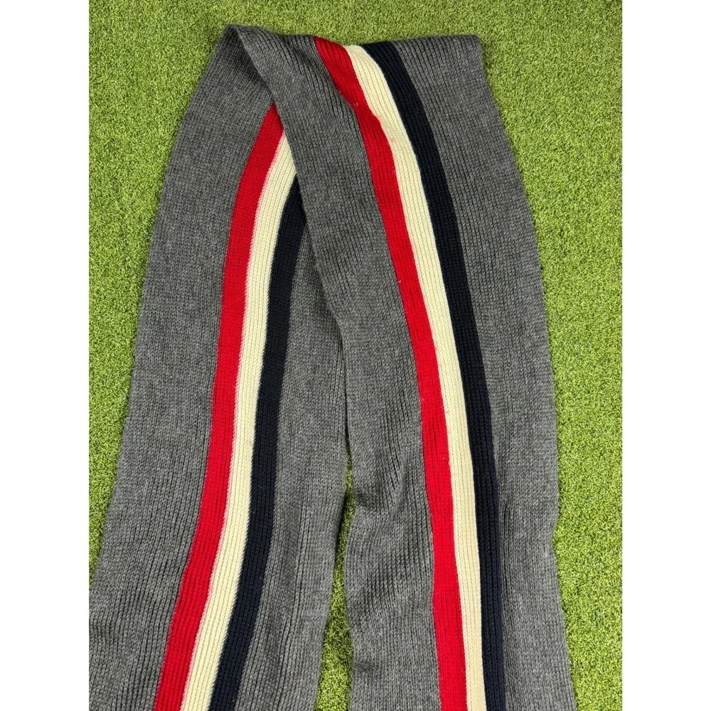 Moncler Wool Scarf Gray Red‎ Navy Stripe Logo Fringe Unisex - Picture 7 of 16